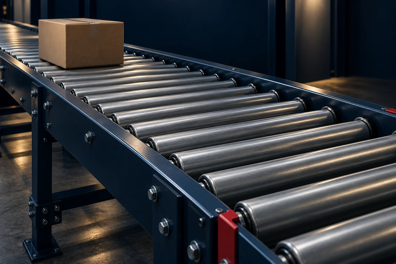 Conceptual illustration of steel conveyor rollers carrying a cardboard carton